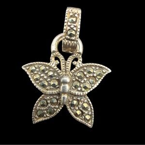 Vintage Sterling Silver Butterfly Marcasite Pendant Necklace 1”
